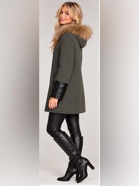 GOA Gray Wool Blend Hooded Coat w/ Black Faux Leather Cuffs & Faux Fur Trim, S
